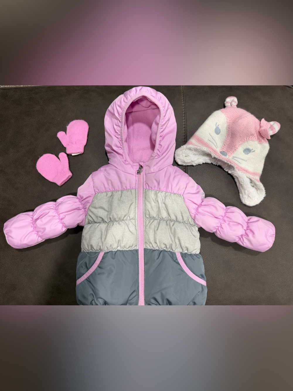 OshKosh B'gosh Pink, Gray & Dark Gray Girls' Puffer Jacket with Hat & Mittens